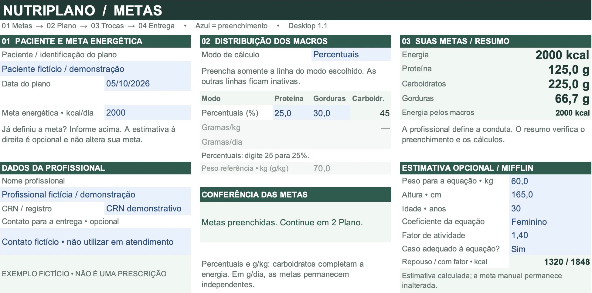 Aba Metas com energia manual, distribuição de macronutrientes e resumo