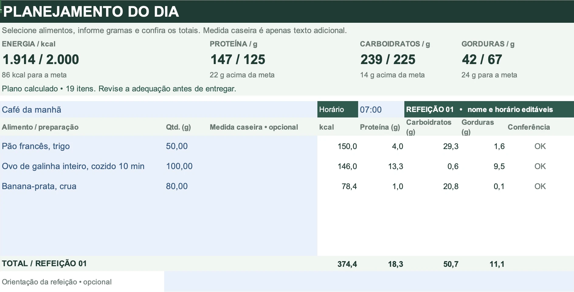 Aba Plano no Excel: totais do dia, alimentos, quantidades e total do café da manhã